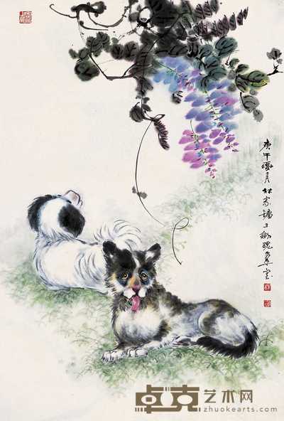林家镛 紫藤双犬 立轴 68×45cm